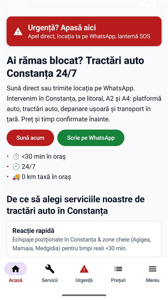 Ecranul principal al aplicației Tractări Auto Constanța
